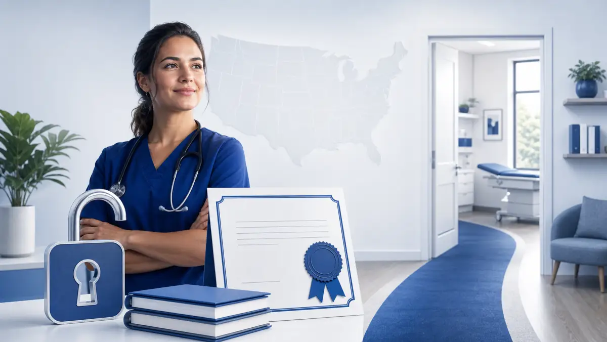 Independent nurse practitioner beside an open lock, credential, and path to patient care