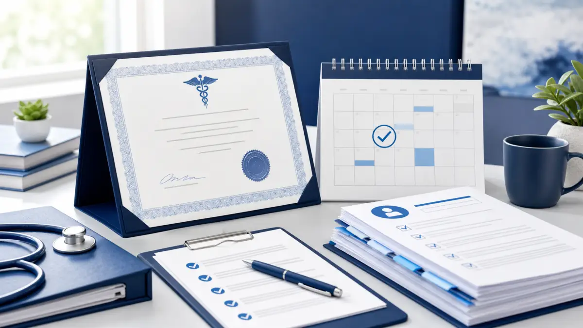Medical license, renewal calendar, and organized application checklist