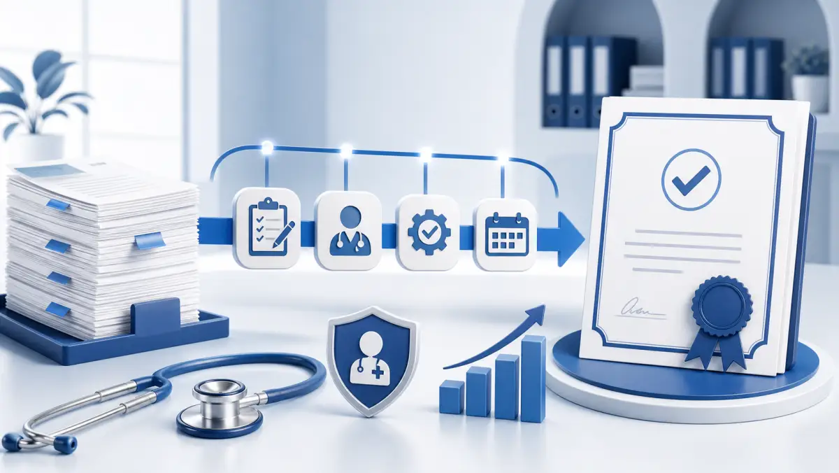 Streamlined licensing workflow transforming paperwork into an approved credential