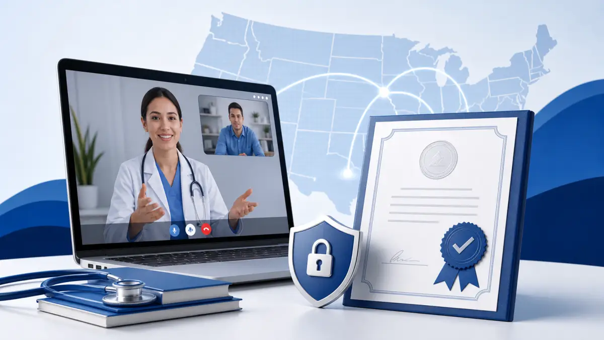 Telemedicine consultation connected across state lines beside an approved medical license