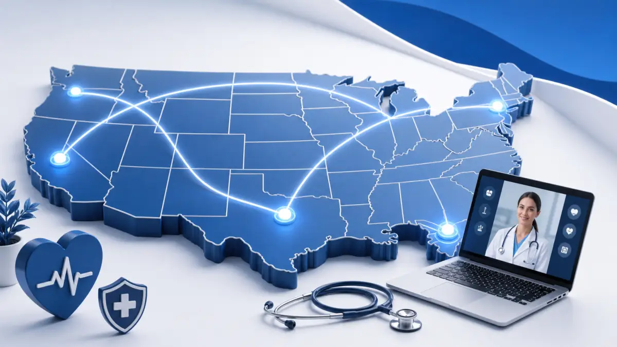 Telemedicine network connecting five regions across a United States map