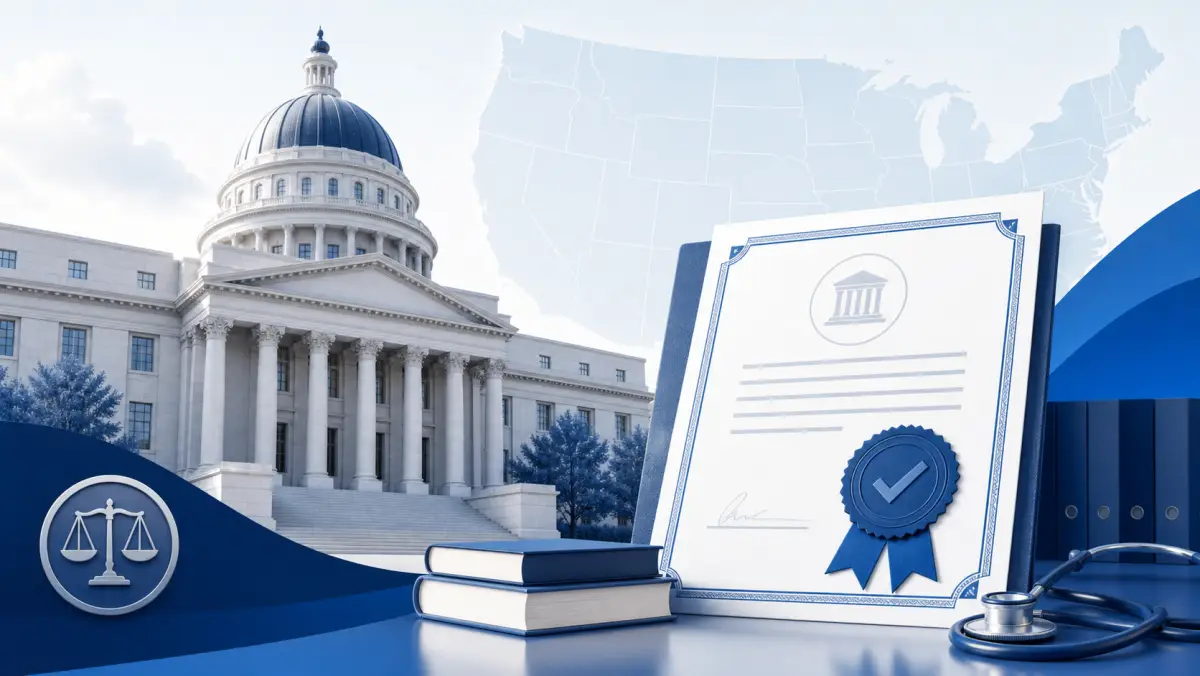 State government building, United States map, and approved professional license