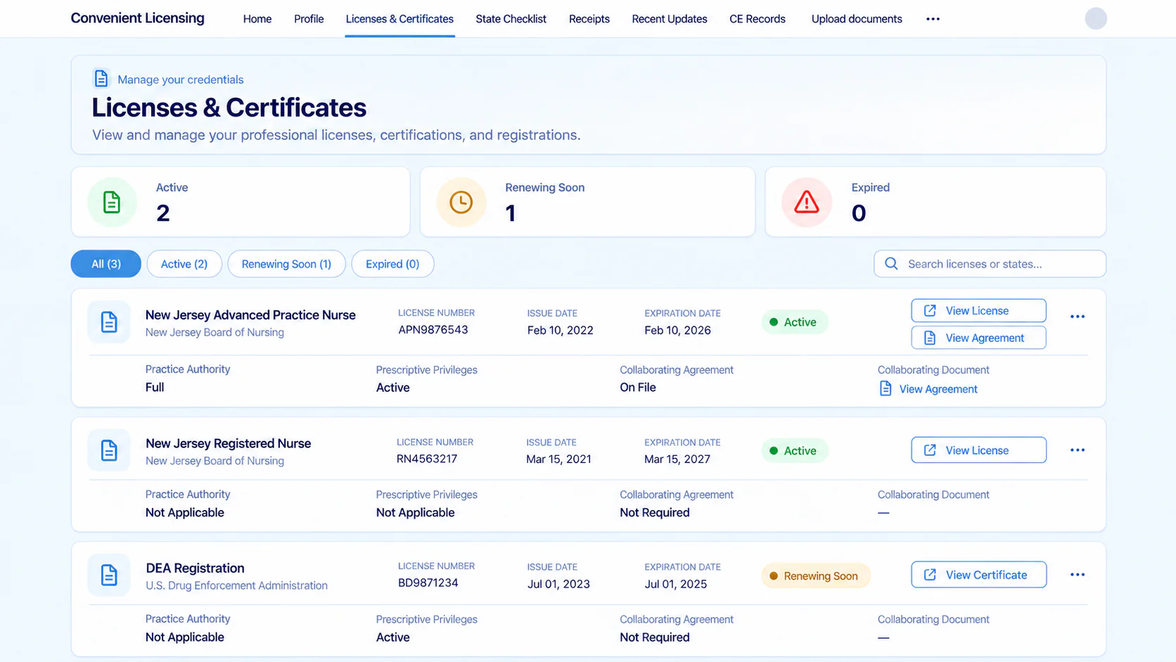 Licenses and Certificates portal view with Active and Renewing Soon cards for professional licenses, certifications, and registrations
