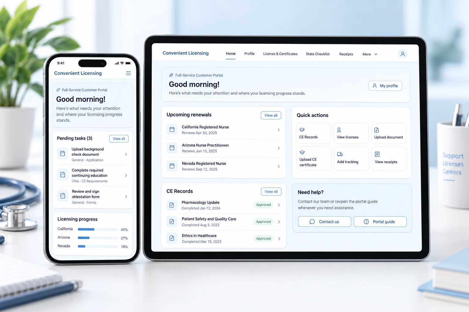 Phone and tablet showing the Convenient Licensing full-service customer portal home with pending tasks, licensing progress, upcoming renewals, CE records, and quick actions